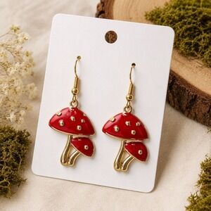 Red Mushroom Earrings Cottagecore Fairycore Enamel Toadstool Dangle Earrings